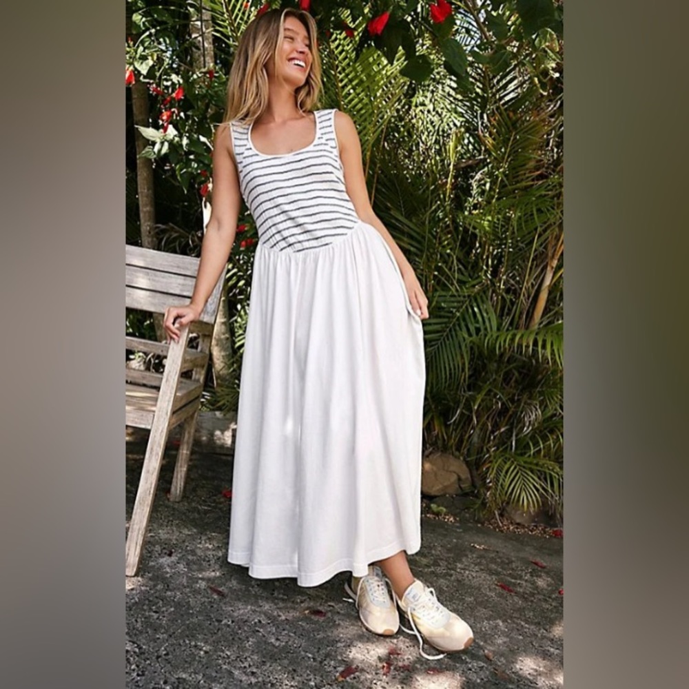 Free People White Maxi Midi Dress with Black Stripe Bodice